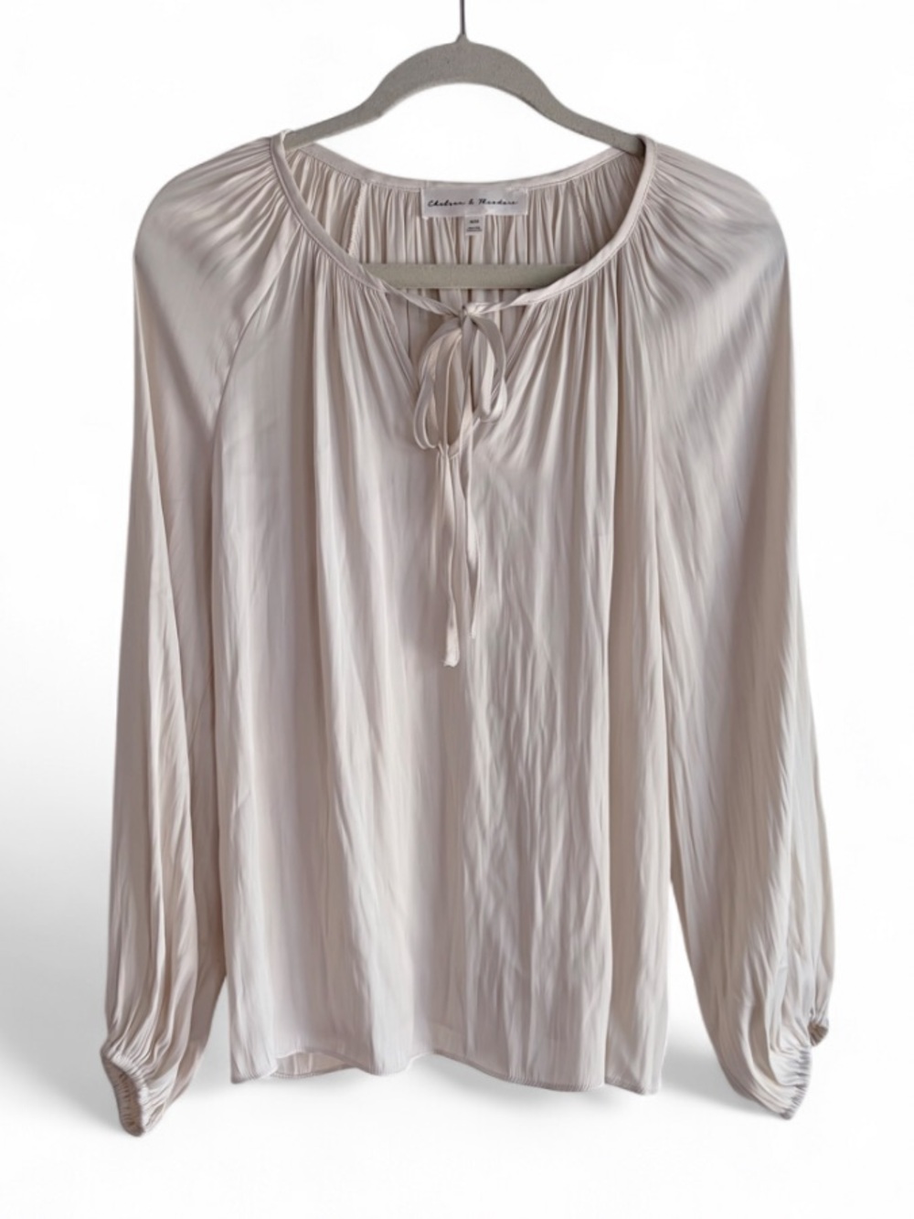 Chelsea & Theodore Ivory Silky Tie Neck Peasant Blouse Size M